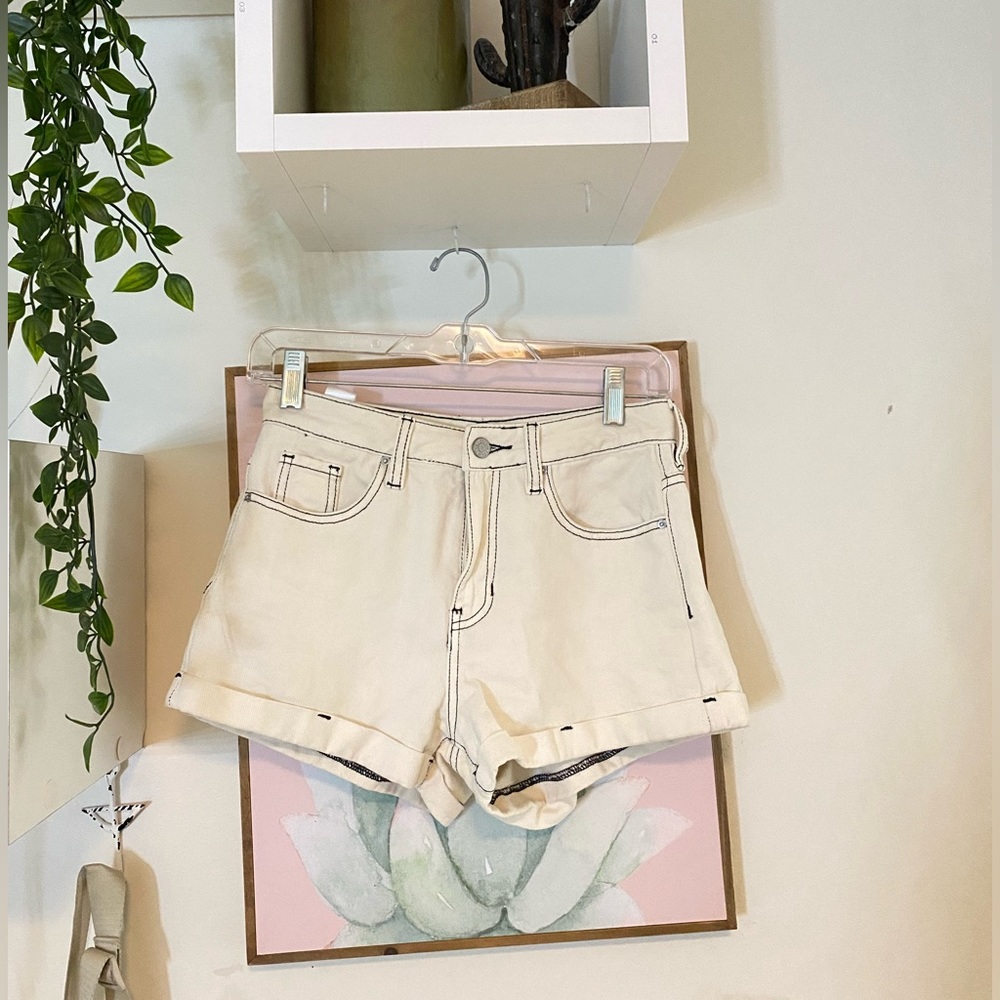 PACSUN Cream Cargo/Jean Shorts with Black Outlining